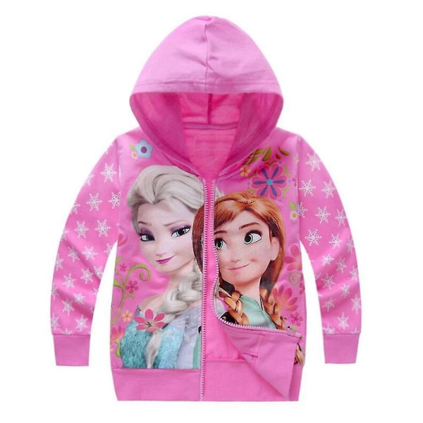 Barn Flickor Frozen Elsa Anna Print Långärmade Luvtröjor Jacka Casual Blixtlås Hooded Sweatshirt Kappa Rose Red 7-8 Years