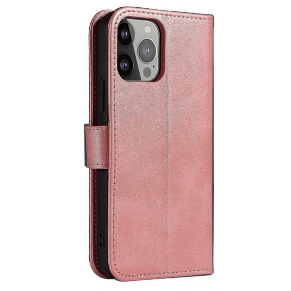 Kalvtextur Spänne Flip Läder Telefonfodral för iPhone 14 Plus Rose Gold