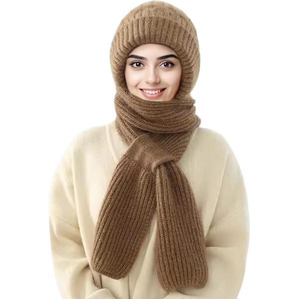 Beaniehatt med Integrerat Öron- och Vindskydd, Elastisk Stickad Tjock Varm Sammansatt Vinter Brown