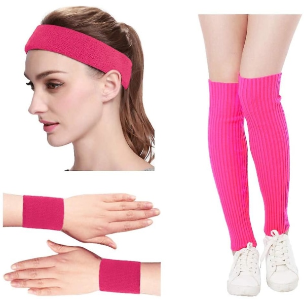 Stickade kvinnor 80-tal Neon Rosa Fitness Pannband Armband Benvärmare Set