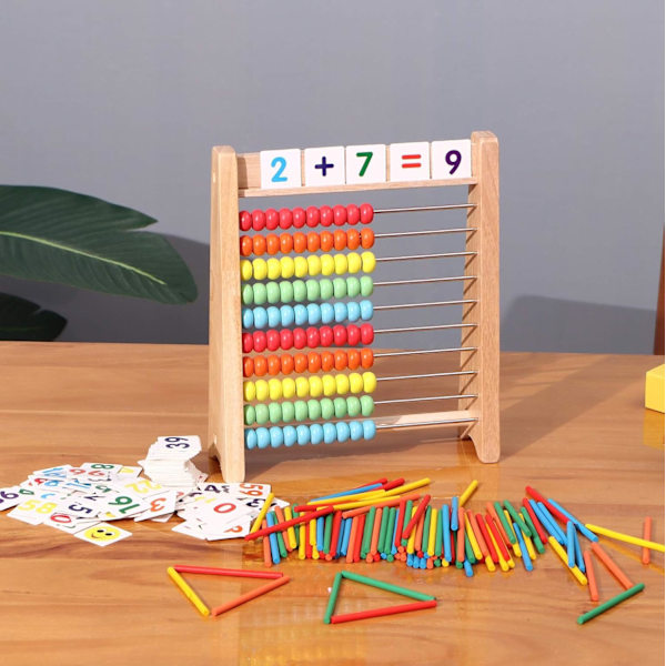 Træ Abacus til Børn Matematik med 100 Tællesticks og Nummer Legetøjskort 1-100, Læringsmæssige Matematikspil Førskole Læring Legetøj, Matematik Manipulativer