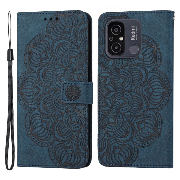 Stötsäkert phone case i läder för Xiaomi Redmi 12c 4g, Imprinting Mandala Flower Cover Stativplånbok Blue