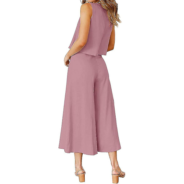 Roylamp Sommer-outfits til kvinder i 2 dele Rundhalset Crop Basic Top Beskåret Bukser med brede ben, Jumpsuits Cherry Pink X-Small