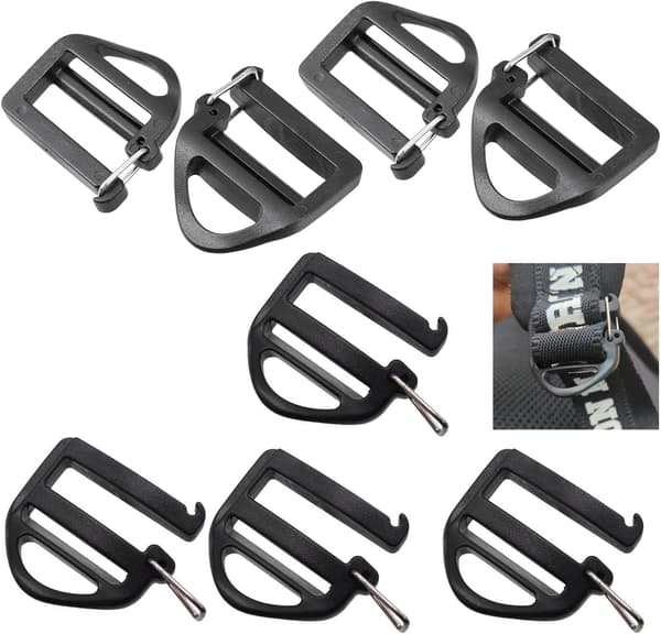 8-pack Webbing Hook Clip 25mm 1'' Strap Belt Buckle with Open Latch End Buckle Connection Slide Buckles Ladder Slider Replacement for Backpack Bag Molle