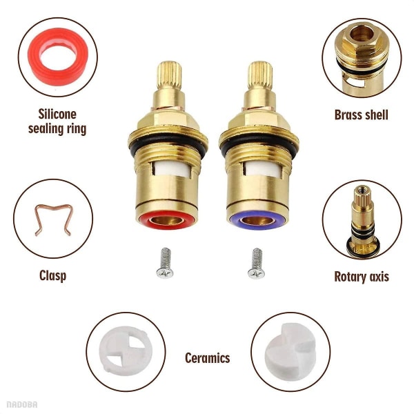Utskifting av messing keramisk stamme Skivekassett Kranventil kvart omdreining 1/2" for kjøkkenkran på bad (1 par varmt og kaldt)