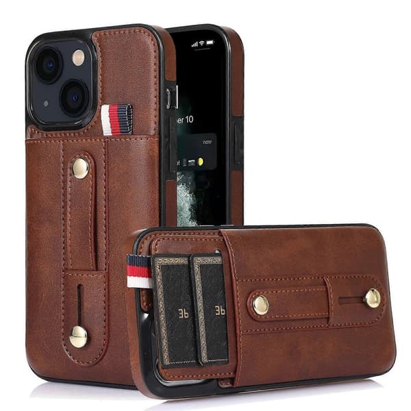 Håndledsrem Støtteben Tegnebog Læder Telefoncover Til iPhone 14 Brown