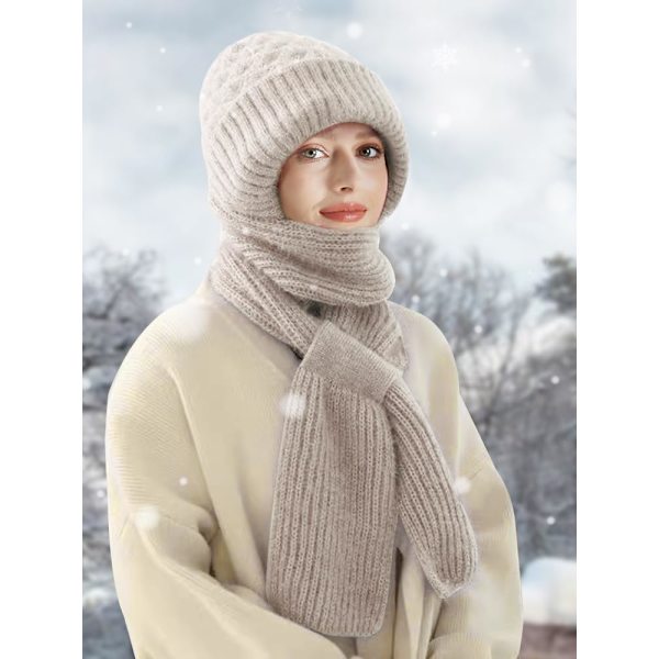 Beaniehatt med Integrerat Öron- och Vindskydd, Elastisk Stickad Tjock Varm Sammansatt Vinter Khaki