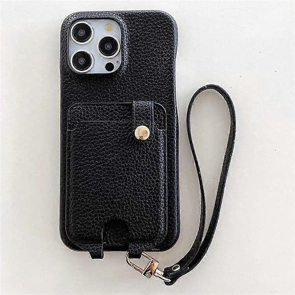 Fodral för iPhone 16 Pro Max, multifunktionella kortfack, läderbaksida med handledsrem Black