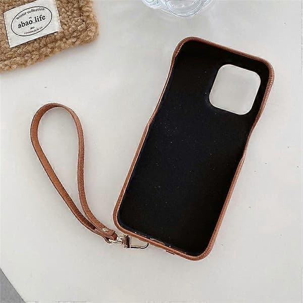Fodral för iPhone 16 Pro Max, multifunktionella kortfack, läderbaksida med handledsrem Dark Brown
