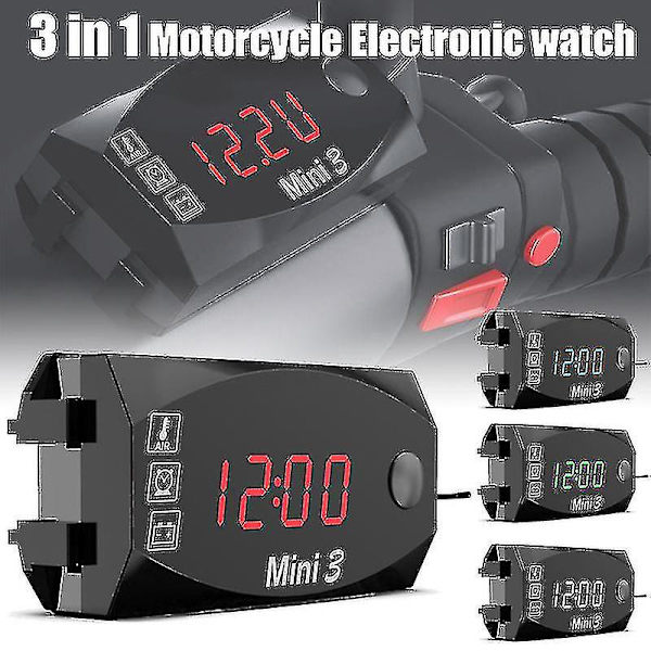 Mini 12v Bil Digital Voltmeter Gauge, 3 i 1 Universal Elektronisk Motorcykel Elektronisk Ur Termometer Voltmeter Ur Display Red
