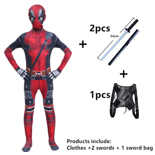 Deadpool Kostym Superhjälte Cosplay Kostymer Superhjälte Barn Bodysuit 3D Stil Halloween Cosplay Kostymer Svärdväska 6 6 130CM