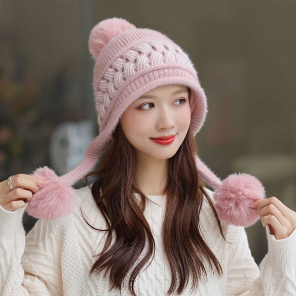 Dam vinter Peruvian öronbeklädnad Beanie Hat Öronklaffar Sherpa Skidmössa Stickad Fleecefodrad 3 Pom M1392-hanfen One Size