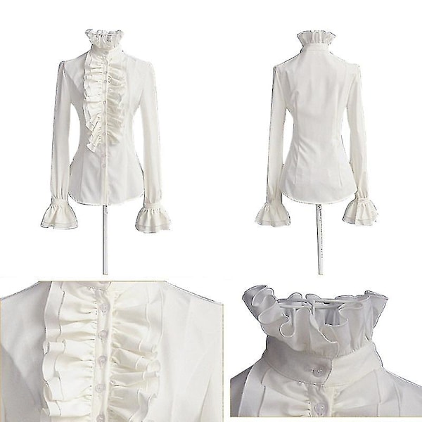 Dam Viktoriansk Blus Retro Ståkrage Långärmad Gotisk Skjorta WHITE M