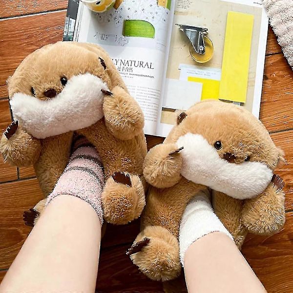 Highland Cow Otter Djurtofflor Jul Varma Mjuka Inomhus Plyschtofflor Kvinnor Vuxna Platta Med Luddiga Hemtofflor Otter
