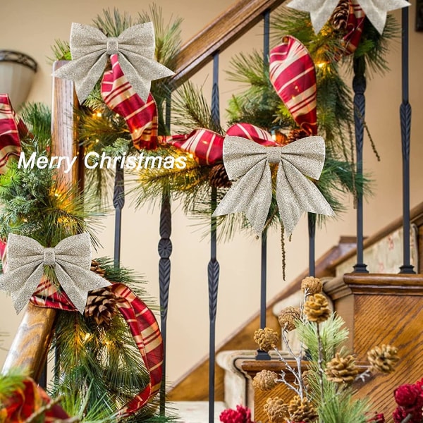 5st Julband Rosett 24cm Stor Storlek Julrosetter Band Flugor Ornament Juldekoration För Julgranar Presentinslagning Jul Tr champagne