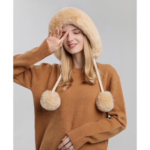 Dam vinter Peruvian öronbeklädnad Beanie Hat Öronklaffar Sherpa Skidmössa Stickad Fleecefodrad 3 Pom Beige Solid One Size
