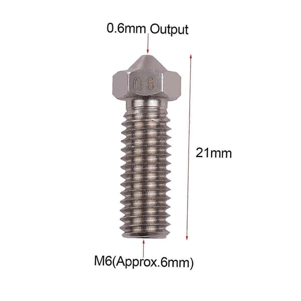 3 stk 3D-skriver ekstruder rustfritt stål vulkanmunnstykke M6 gjenge skriverhode 0,6 mm utgang for side