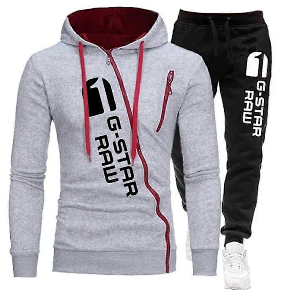2023 Ny Höst & Vinter Herr Tracksuit Set Mode Tryckt Dragkedja Huva Sweatshirt + Sweatpants 2-Delar Set Jogging Casual Kläder Grey L