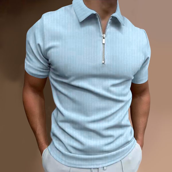 2025 Ny Casual Slim Fit Kortærmet Lynlås Stribet Revers T-shirt Toppe Polo Shirt Light Blue XL