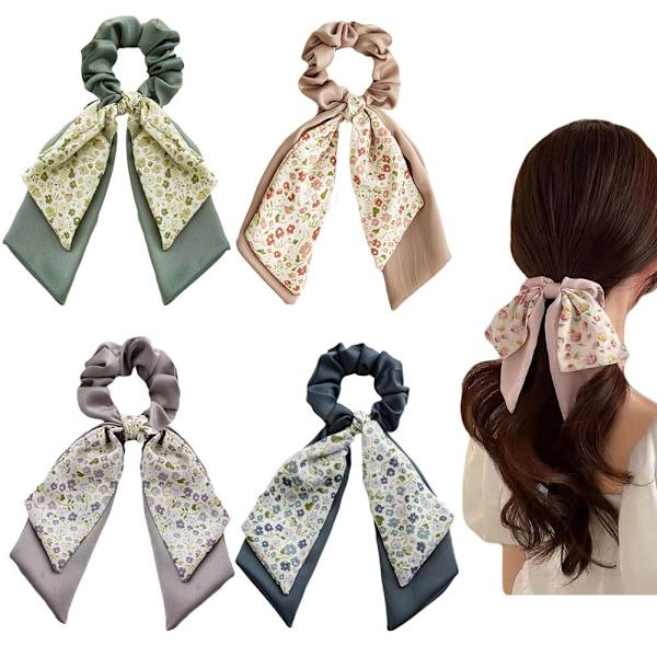 4PCS Sløjfe Hår Tørklæde Scrunchies Blomster Hår Tørklæde Bånd Satin Hår Bånd Scrunchie Hestehale Holder til Kvinder og Piger
