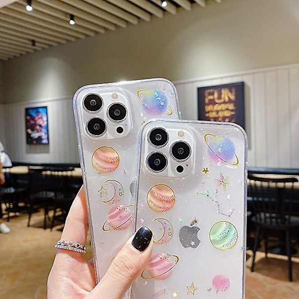 Mobilfodral för iPhone 13 Pro Max, Sött, Transparent Glittrande Planet Stjärna Rymddesign, Glittrande Bling Smalt Mjukt TPU Skyddande Fodral för Kvinnor Flickor