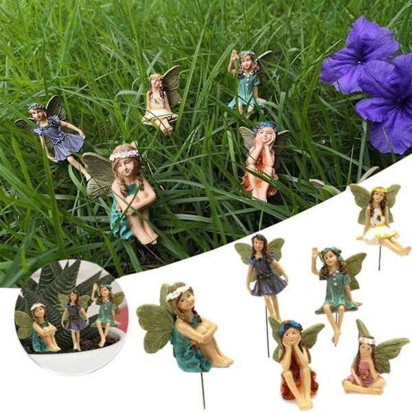 6 stk simuleret fe hjemmeindretning lys farve harpiks urtepotte mini figurer til haven Plæne Patio Gate