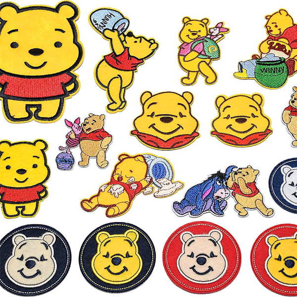 16 st Winnie the Pooh tecknade broderade strykjärnsmärken, DIY sy applikationsplåster, sy på/strykjärnsmärke för jackor, jeans, byxor, ryggsäckar, kläder