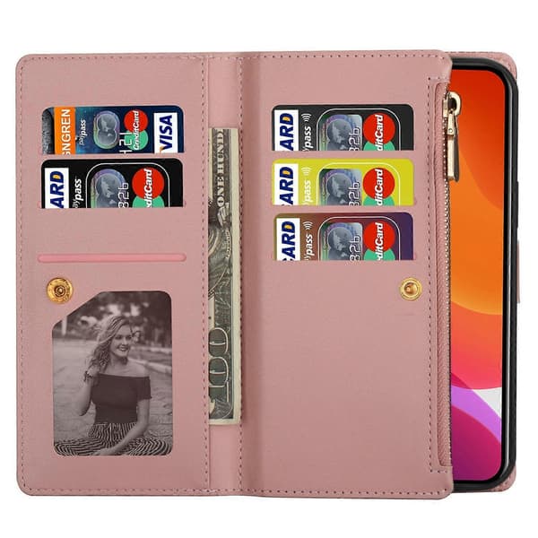 Multi-kort Slots Laser Udskæring Glitter Lynlås Læder Etui Til iPhone 14 Max Rose Gold