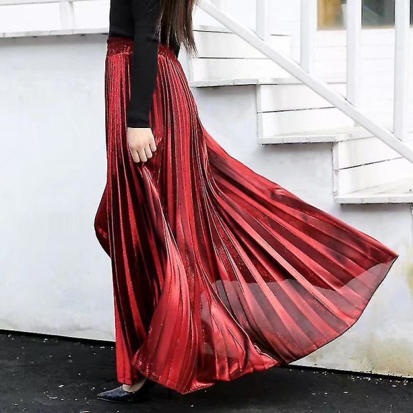 Premium metallisk skinnende skinnende trekkspill plissert langt maxiskjørt for kvinner Red L