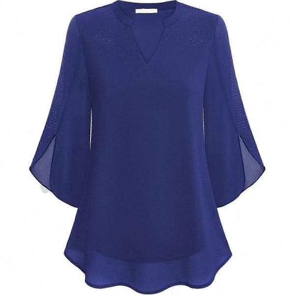Dame Flæsebluser Afslappet V-hals Dobbeltlag Chiffon 3/4 Ærmer Toppe Sort Blue L