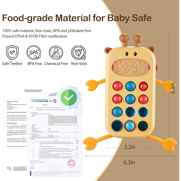 Baby Sensorisk Montessori Leke for 6-12-18 Måneders Babyer, Mat-Grade Silikon Trekkstreng Tannleke, Sensorisk Aktivitetsleke Deer-Yellow