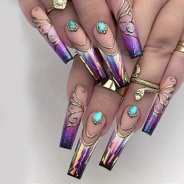 24 stk. Bærbare farverige sommerfugle designs Fransk tryk på negle Lange ballet falske negle med rhinestone akryl falske negle tips 10