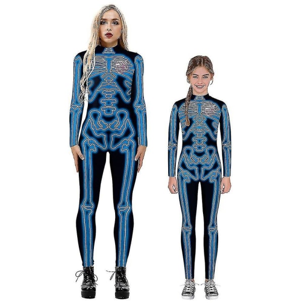 Halloween skelet kostume til børn og voksne, behagelig Onesie Jumpsuit-145cm-150cm-blå