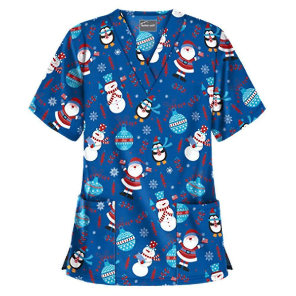 Jul Kvinder Sygepleje Uniform Scrub Kortærmet T-shirt Xmas Bluse Tee Toppe-m-mørkeblå