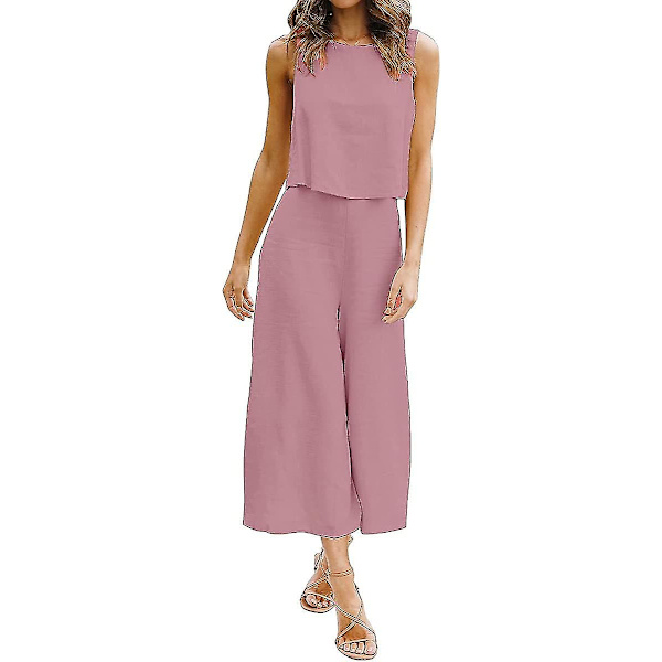 Roylamp Sommer-outfits til kvinder i 2 dele Rundhalset Crop Basic Top Beskåret Bukser med brede ben, Jumpsuits Cherry Pink Medium