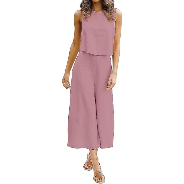 Roylamp Women's Summer 2-delade outfits Rundhalsad Crop Basic Top Beskuren Byxa Set med vida ben Jumpsuits Cherry Pink Medium