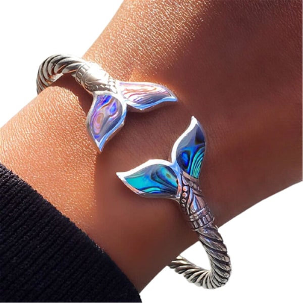 Abalone Shell And Mermaid Tail Armband Armband Justerbar öppen handkedja för kvinnor Silver
