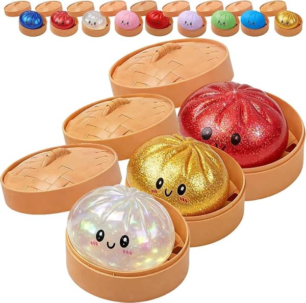 Glitter Dumpling, Glitter Dumpling Squishy with Box, Dumpling Sensory Squeeze Toy for Stress Relief White+Red+Gold