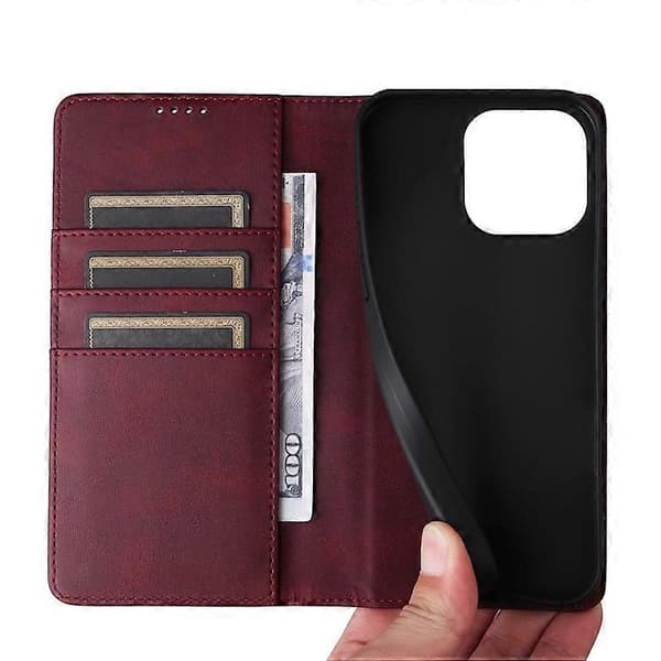 Kompatibel med iPhone 15 Plus / 14 Plus Fodral RFID PU Läder Plånboksstativskydd WineRed