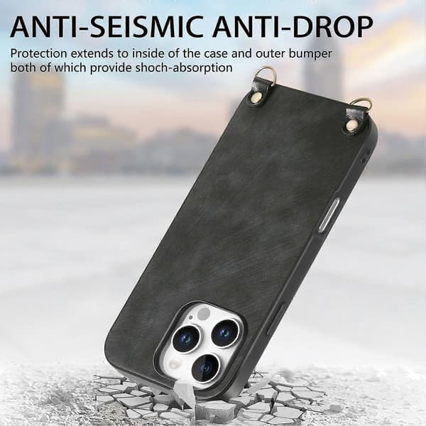Retro skinndeksel til iPhone 16 Pro med justerbar stropp Black