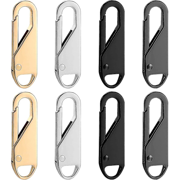 Dragkedjepullersättning, 8 stycken avtagbara dragkedjepullflikar för bagagekläder jackor ryggsäckar stövlar plånbok kappa (silver, svart, guld, pistol svart)