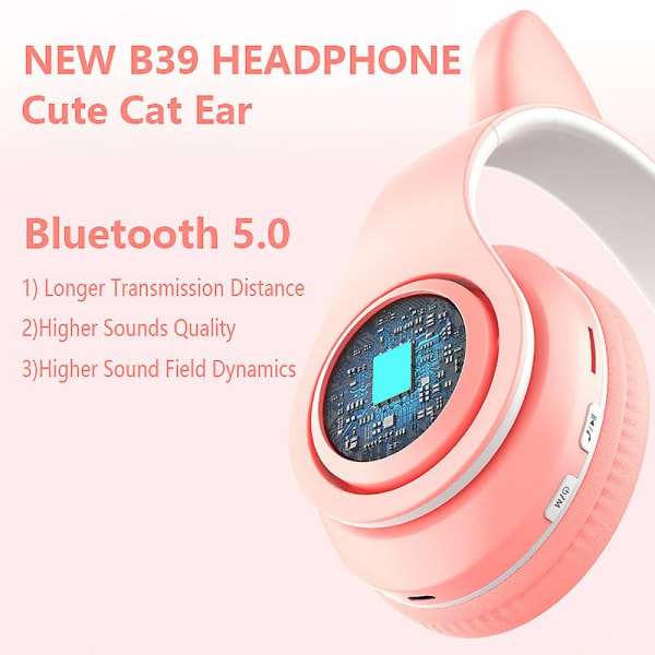 Nya B39 Bluetooth hörlurar Söt katt Öron Andningsbelysning Hifi Stereo hopfällbara hörlurar Gamer Med Mic För Barn Kvinnor Present