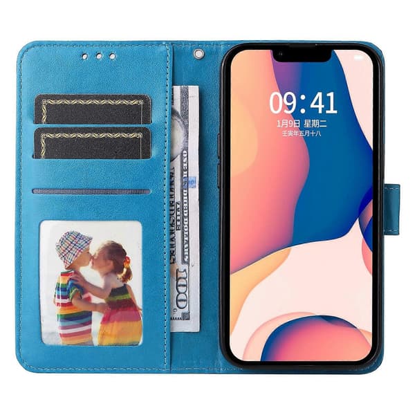 Præget solsikke læder telefoncover til iPhone 14 Plus Blue