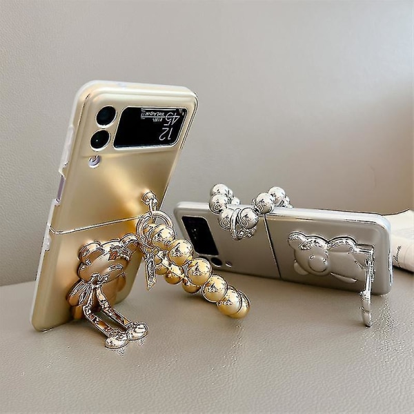 Plating 3d Glitter Bear Stand Case Kompatibel Samsung Galaxy Z Flip 4 Z Flip 3 Med Armbånd Metal Cover H Gold Z Flip 3