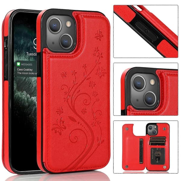 For iPhone 14 Plus Sommerfugle Blomster Dobbelt Spænde Etui Red
