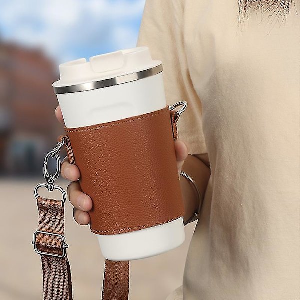 Bärbar kopphållare i PU läder, kaffekoppshållare i läder med axelremmar, återanvändbar kaffefodral i läder Light brown L