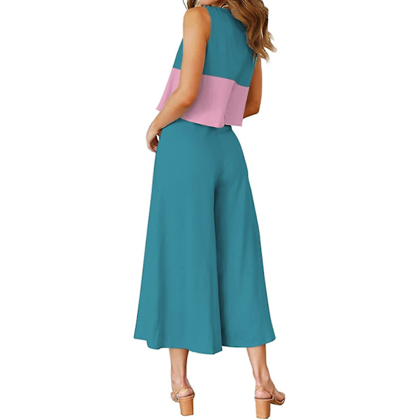 Roylamp Sommer-outfits til kvinder i 2 dele Rundhalset Crop Basic Top Beskåret Bukser med brede ben, Jumpsuits Contrast Blue X-Small