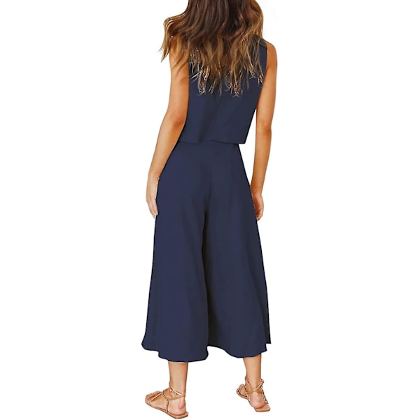 Roylamp Sommer-outfits til kvinder i 2 dele Rundhalset Crop Basic Top Beskåret Bukser med brede ben, Jumpsuits Navy Blue Medium