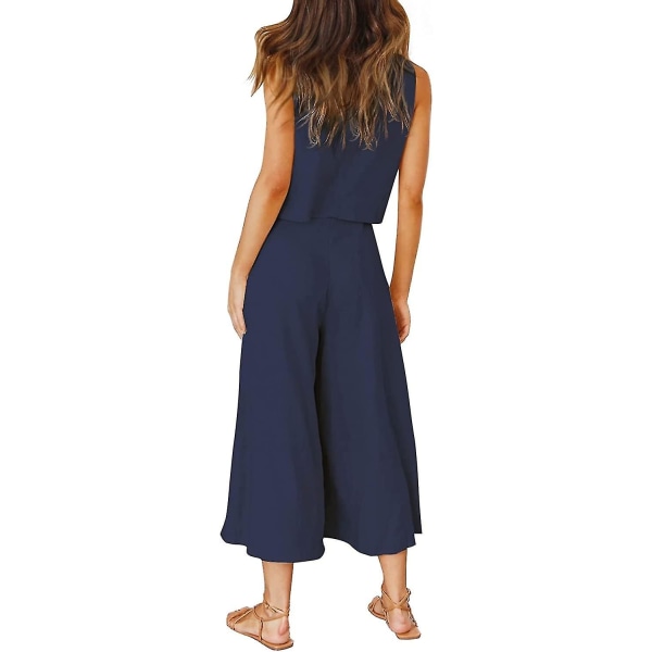 Roylamp sommerantrekk for kvinner i 2 deler Rundhalset Crop Basic Topp Beskåret buksesett med brede ben, Jumpsuits Navy Blue X-Small