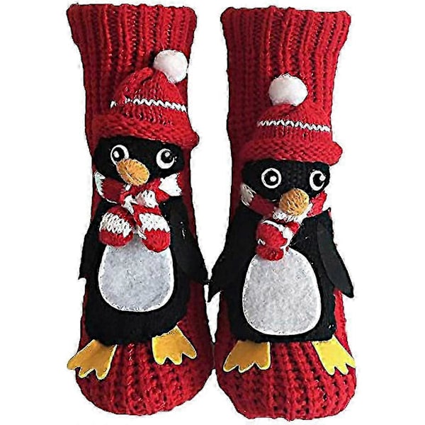 Julstrumpor för vuxna, halkfria stickade golvstrumpor med söt 3D-tecknad djurdesign Red penguin
